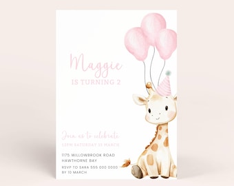 Giraffe Birthday Invitation Girl, Pink Giraffe Birthday Invite Editable, Safari Birthday Party Invite, Cute Giraffe Party Invite
