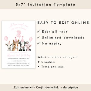 May include: A 5x7 inch invitation template with a watercolor illustration of farm animals wearing party hats and holding balloons. The invitation reads "Alyssa's 2nd Birthday" with editable text and online editing instructions.