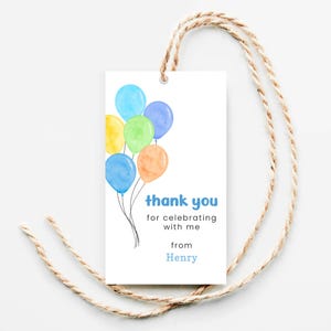 Birthday Thank You Tags Boy, Colorful Balloons Favor Tag for Treat Bags, Digital Gift Tags Birthday Party, Editable Template