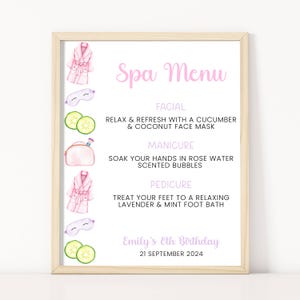 Spa Party Menu, Editable Spa Menu Sign for Girls, Pink Spa Menu, Spa Party Printable, Digital Spa Sign for Birthday Party, Spa Party Decor