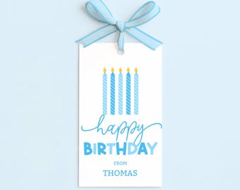 Etiquetas imprimibles de feliz cumpleaños para niño, etiqueta de regalo de cumpleaños azul editable, descarga digital.