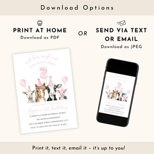 May include: A pink and white birthday invitation with the text "pink baa neigh moo LOOK WHO IS TURNING 2". The invitation features illustrations of farm animals wearing party hats and holding balloons. The invitation is also shown on a smartphone.