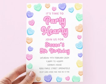 Party Hearty Invitation Girl, Cute Pastel Valentine Birthday Invitation Digital Template, Heart Birthday Invite Kids