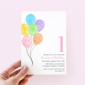 Regenboogballon eerste verjaardagsuitnodiging meisje, kleurrijke uitnodiging voor verjaardagsfeestje, 1 jaar oud, digitaal