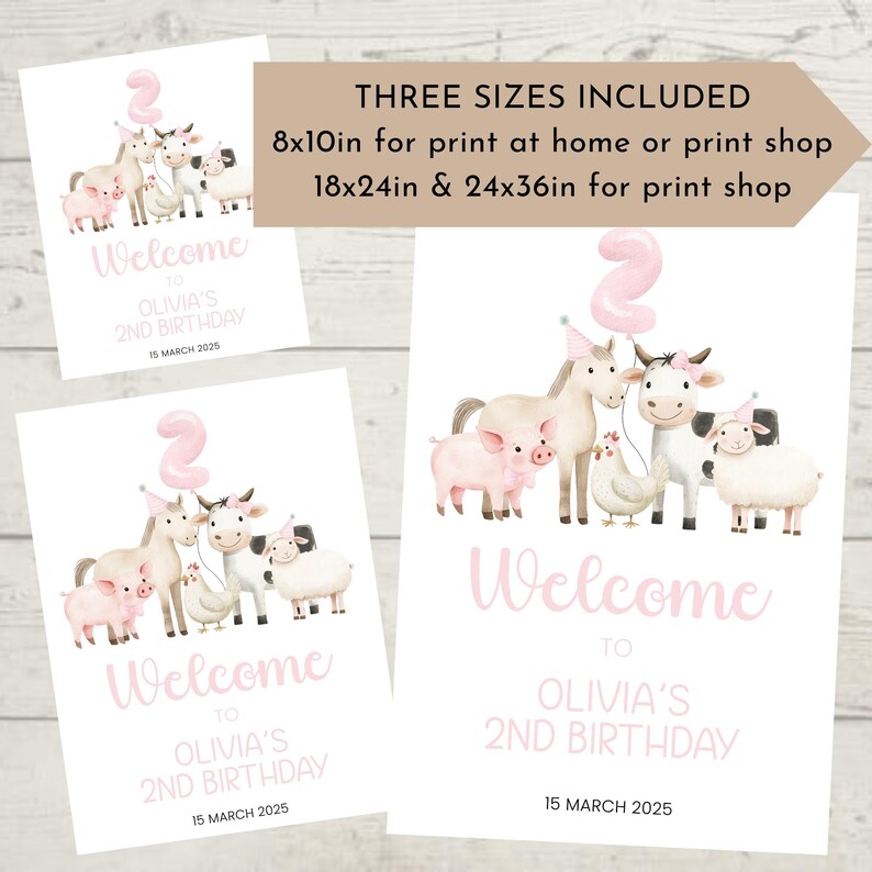 May include: Printable welcome sign for a farm-themed second birthday party. The sign features a pink number two balloon, a pig, a horse, a cow, a chicken, and a sheep. The text on the sign reads "Welcome to Olivia's 2nd Birthday 15 March 2025".