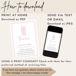 K&ouml;nnte beinhalten: Druckbare Geburtstagseinladung mit rosa Kerzen und dem Text "Three" f&uuml;r den dritten Geburtstag eines Kindes. Die Einladung enth&auml;lt Datum, Uhrzeit und Ort der Party.  Download als PDF zum Ausdrucken zu Hause oder als JPEG zum Versenden per SMS oder E-Mail.