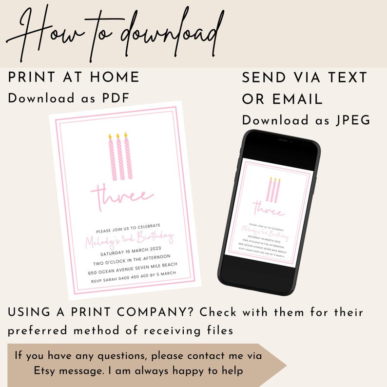 K&ouml;nnte beinhalten: Druckbare Geburtstagseinladung mit rosa Kerzen und dem Text "Three" f&uuml;r den dritten Geburtstag eines Kindes. Die Einladung enth&auml;lt Datum, Uhrzeit und Ort der Party.  Download als PDF zum Ausdrucken zu Hause oder als JPEG zum Versenden per SMS oder E-Mail.