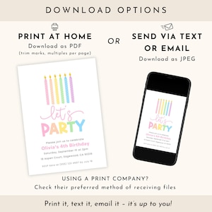 Pastel Birthday Invitation Girl, Rainbow Birthday Invite Kids, Lets Party Invites Girls, Digital Download image 6