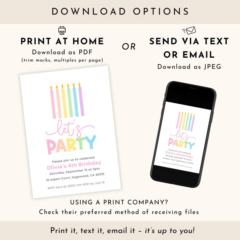 Pastel Birthday Invitation Girl, Rainbow Birthday Invite Kids, Lets Party Invites Girls, Digital Download image 6