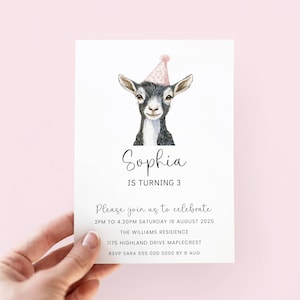Ziegen-Geburtstags-Einladung, bearbeitbare Baby-Ziege-Geburtstags-Einladung Digitale niedliche Ziegen-Einladung für Mädchen-Geburtstagsfeier-rosa Ziegen-Party-Einladung