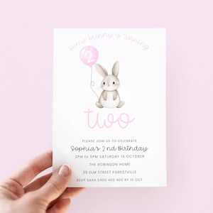Some Bunny is Two Invitation Pink, Editable Bunny 2nd Birthday Invite Girl Rabbit Second Birthday Invitation Template for Two Birthday Party
