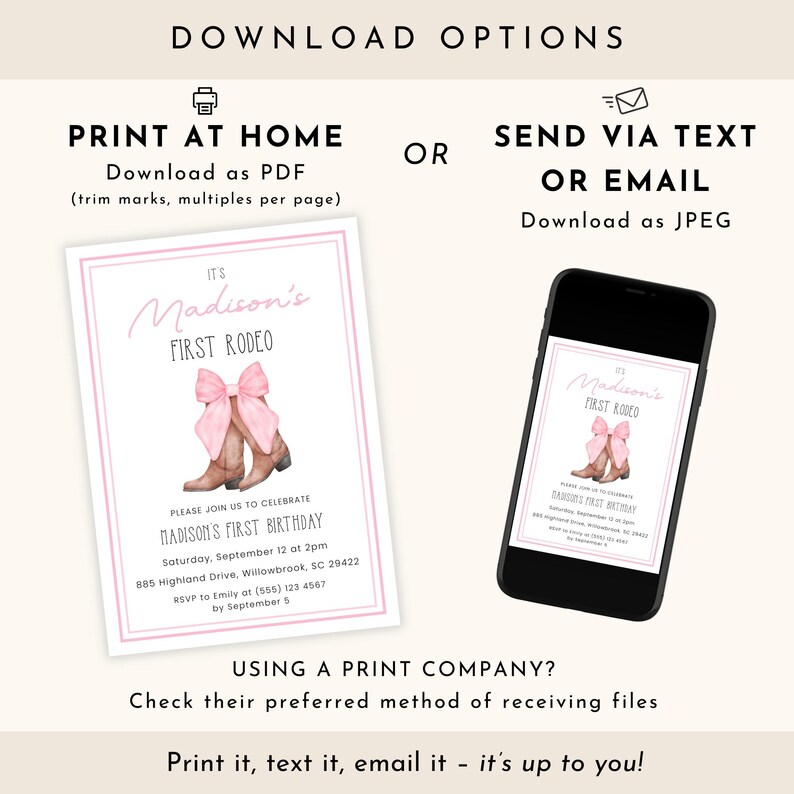 Puede incluir: Una plantilla de invitaci&oacute;n digital para un primer cumplea&ntilde;os titulada It's Madison's First Rodeo. El dise&ntilde;o presenta un par de botas vaqueras marrones con un gran lazo rosa, bordes rosas y detalles de texto para la fecha, hora y ubicaci&oacute;n.