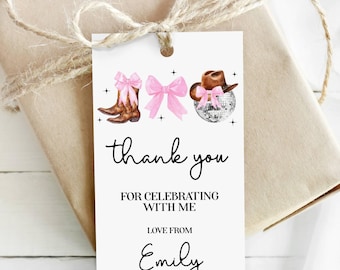 Disco Cowgirl Favor Tag, Editable Disco Rodeo Birthday Party Thank You Tag for Girls, Digital Coquette Cowgirl Birthday Tag for Party Favors