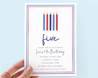 5th Birthday Invitation Boy, Red & Blue 5th Birthday Invite Editable, Candle Birthday Party Invite Template for 5 Year Old Boy