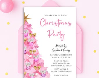 Pink Christmas Party Invitation for Girls, Editable Pinkmas Invite Template, Holiday Party Invitation Digital, Pink Tree Christmas Invite