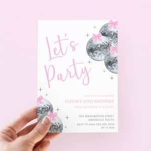 Disco Birthday Invitation Pink, Editable Pink Disco Birthday Invite Girl, Pink Bow Disco Ball Invitation for Girl Birthday Party, Coquette