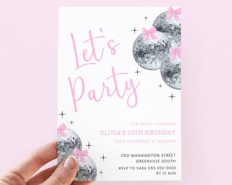Pink Disco Birthday Invitation, Bow Disco Ball (Digital Download)