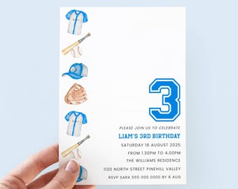 Blue Baseball 3rd Birthday Invitation Boy, Digital Download