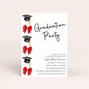 Graduation Invitation Red Bow, Editable Graduation Invite Template, Red Bow Graduation Party Invitation, Red Grad Party Invite for Girl 2025