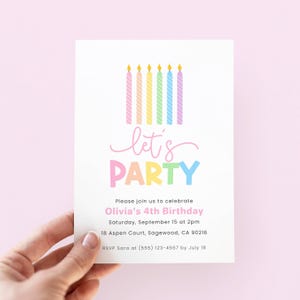 Pastel Birthday Invitation Girl, Rainbow Birthday Invite Kids, Lets Party Invites Girls, Digital Download image 4