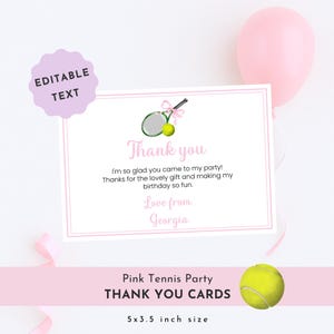 Carte de remerciement tennis fille, modifiable fête d'anniversaire de tennis rose, remerciement imprimable, modèle de carte de remerciement fête tennis fille noeud rose