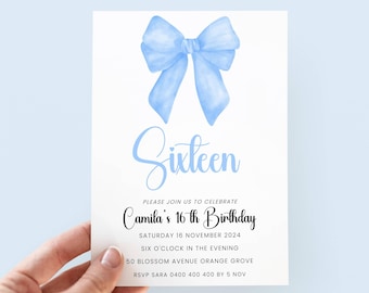 Coquette 16th Birthday Invitation Girl, Editable Blue Bow Birthday Invite, Digital Bow Invitation, 16 Birthday Party Invite Girl, Sixteen