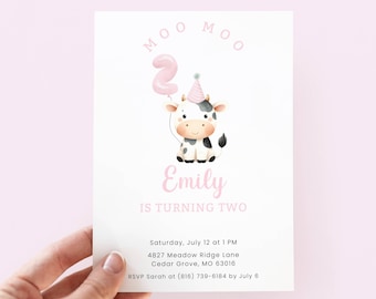 Moo Moo I'm Two Invite Girl, Pink Cow Birthday Invitation 2, Digital Download
