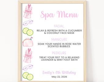 Op de afbeelding: Een ingelijst spa-menubord met roze aquarelillustraties van badjassen, oogmaskers, komkommerschijfjes en make-uptasjes. De tekst vermeldt gezichts-, manicure- en pedicurebehandelingen, Emily's 8e verjaardag en de datum 22 mei 2026.