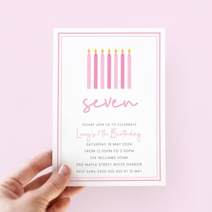 Girl 7th Birthday Invitation, Editable Pink 7th Birthday Invite Girl, Candle Birthday Invitation Template for 7 Birthday Party, Simple