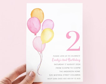 Girl 2nd Birthday Invitation Pastel, Digital Second Birthday Invite for 2 Year Old Girl Birthday Party, Colorful Party Invite for Kids, Two