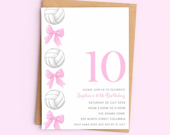 Invitation 10e anniversaire de volley-ball avec noeud rose, invitation à une fête modifiable pour fillette de 10 ans