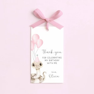May include: A white gift tag with a pink ribbon, featuring a watercolour illustration of a snake wearing a party hat and holding pink balloons. The tag reads "Thank you for celebrating my birthday with me, love, Olivia."