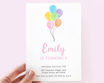 Rainbow Balloon Invitation Girl, Colorful Birthday Party Invite Kids Digital