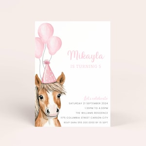 Faire-part d'anniversaire cheval, cheval rose, invitation numérique, mignon poney pour fête d'anniversaire de fille, faire-part de fête de cheval