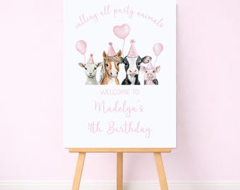 Pink Farm Birthday Welcome Sign Girl, Editable Party Animal Sign, Digital Template