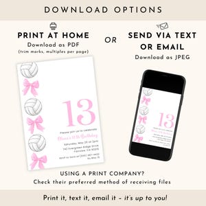Volleyball Birthday Invitation, Editable Girl Volleyball Invite, Pink Bow Volleyball Party Invitation image 7