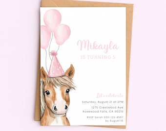 Horse Birthday Invitation Girl, Pink Pony Party Invite, Digital Template