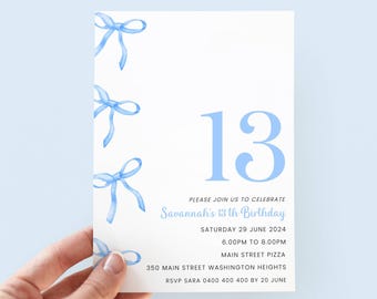 13e verjaardagsuitnodiging meisje, blauwe strik verjaardagsuitnodiging sjabloon, bewerkbare strik verjaardagsuitnodiging voor 13-jarige verjaardagsfeestje