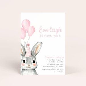 Convite de aniversário de coelho rosa, convite de aniversário de coelho para menina, convite de festa de coelho fofo editável, convite de coelho para festa de aniversário de menina