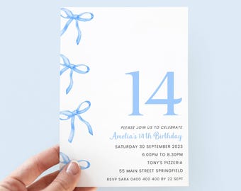 Faire-part 14e anniversaire fille avec noeud bleu, invitation à une fête coquette modifiable pour un enfant de 14 ans