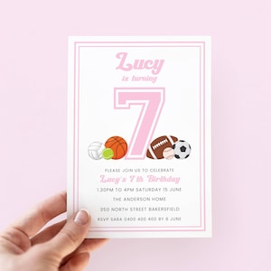 Sports 7th Birthday Invitation Pink, Editable Birthday Invite Girl, Pink Sports Party Invitation, Girl Sports Invite for 7 Birthday Party