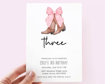 Cowgirl Birthday Invitation 3rd, Pink Bow Rodeo Party Invite for 3 Year Old Girl