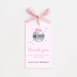 Rosa Disco Thank You Tag Bow, bearbeitbare Mädchen Disco Ball Favor Tags Geburtstagsfeier