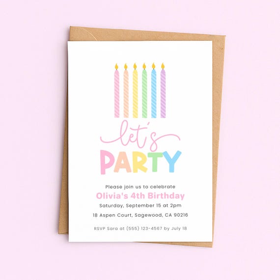 Pastel Birthday Invitation Girl, Rainbow Birthday Invite Kids, Lets Party Invite Girls, Editable Digital Template