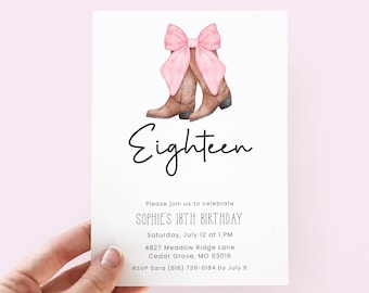 Invitación de cumpleaños de vaquera para 18 años, invitación a fiesta de rodeo con lazo rosa para una chica de 18 años.