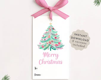 Pink Christmas Tag, Merry Christmas Tag Instant Download, Printable Christmas To From Tags Digital, Pink Holiday Gift Tag Girls