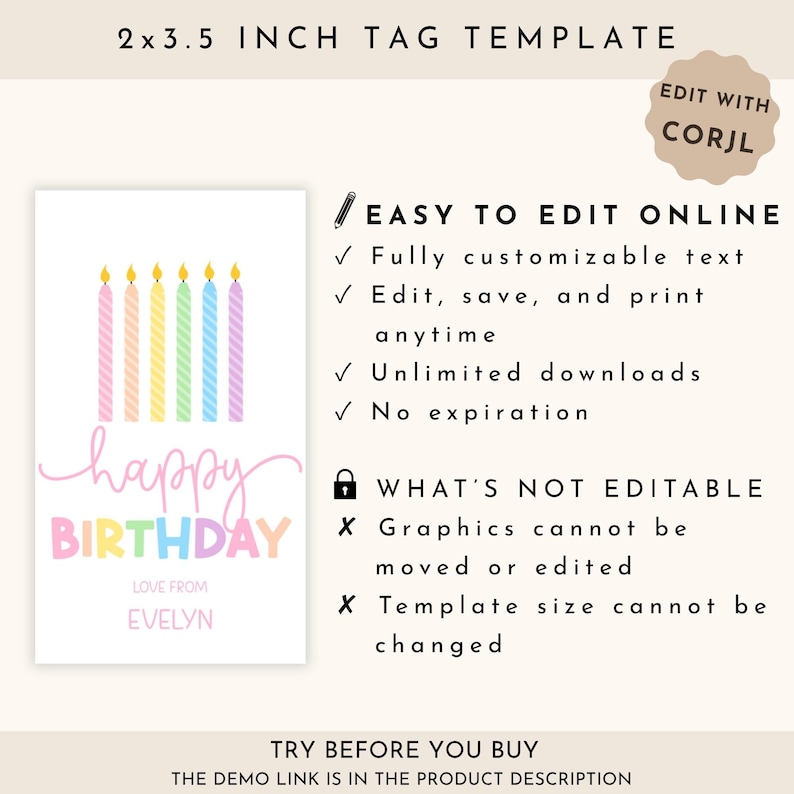 Etiqueta de presente de feliz aniversário editável, etiqueta de aniversário pastel para meninas imagem 4