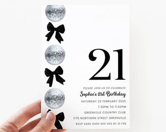 Disco 21st Birthday Invitation Black Bow, Editable Disco Party Birthday Invite Girl, Disco Invitation for 21 Birthday Party, Disco Ball