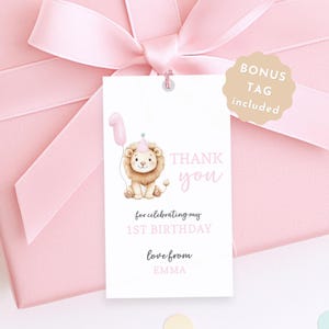 Wild One Birthday Favor Tag Girl, Editable Lion 1st Birthday Thank You Tag Printable, Pink Safari Gift Tags for First Birthday Party Favors