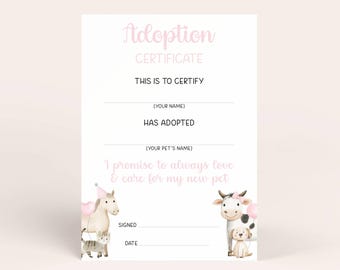 Farm Animal Adoption Certificate, Instant Download Animal Adoption Card for Farm Birthday Party for Girl, Pink Farm Party Decor Printable
